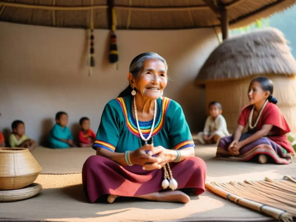 Anciana maya cuenta historias a niños en hogar tradicional