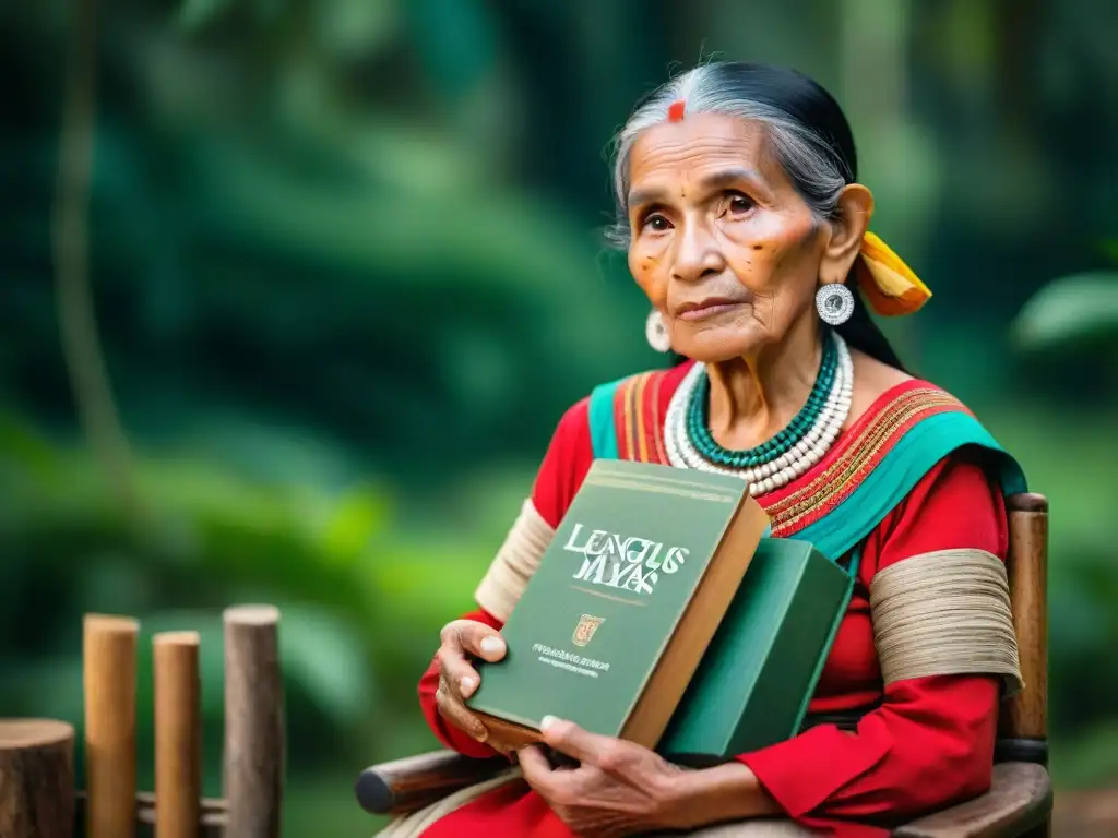 Anciana maya con libro 'Lenguas Mayas' en bosque verde, reflejando sabiduría y legado de los Derechos hablantes lenguas mayas