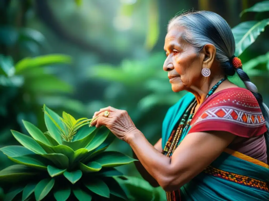 Tejedora Maya crea huipil colorido en selva vibrante Una anciana maya tejiendo patrones tradicionales en un huipil multicolor en la selva