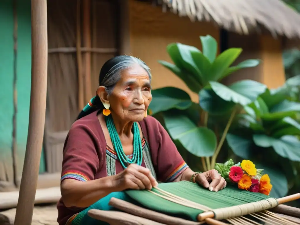 Anciana maya tejiendo bajo el sol, rodeada de naturaleza vibrante