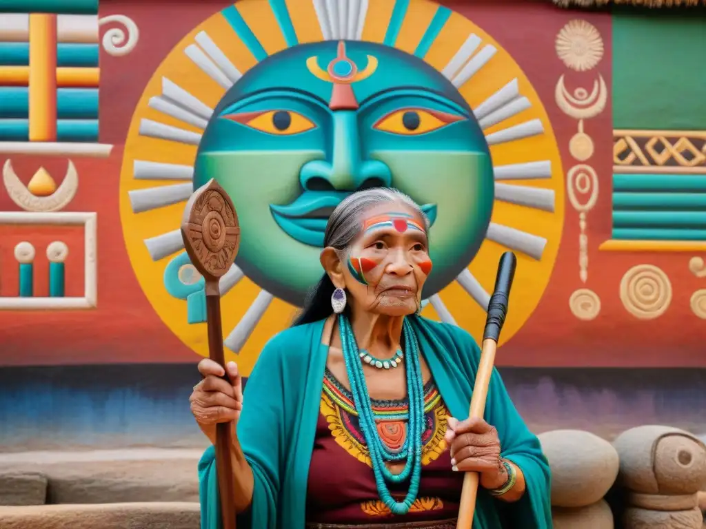 Una anciana maya con tatuajes faciales tradicionales señala un mural vibrante de la civilización maya