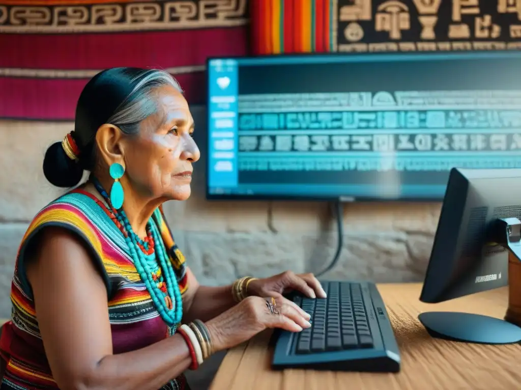 Una anciana maya usando tecnología para preservar su idioma con determinación