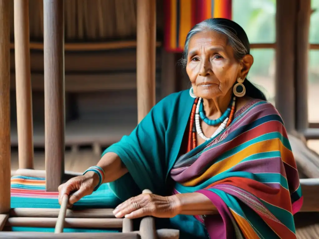 Una anciana maya tejiendo en un telar tradicional, conservando las lenguas mayas siglo XXI