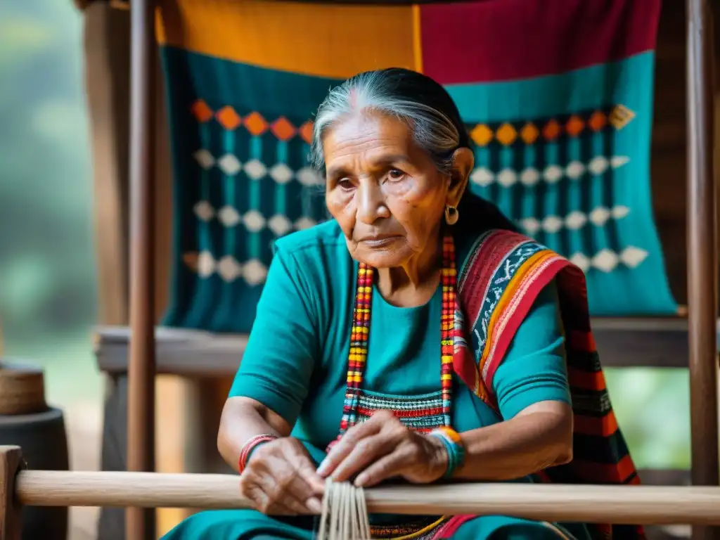 Anciana maya tejiendo telas tradicionales en telar de madera en ambiente colorido