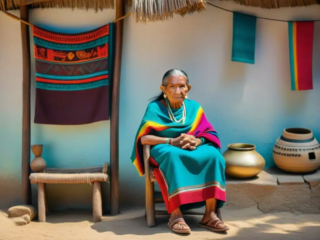 Anciana maya sostiene textil con diseños tradicionales, reflejando preservación lenguas mayas en redes sociales