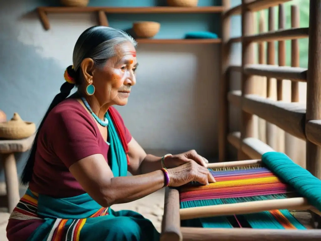 Una anciana maya tejiendo textiles coloridos en telar de madera, resplandeciendo bajo luz solar