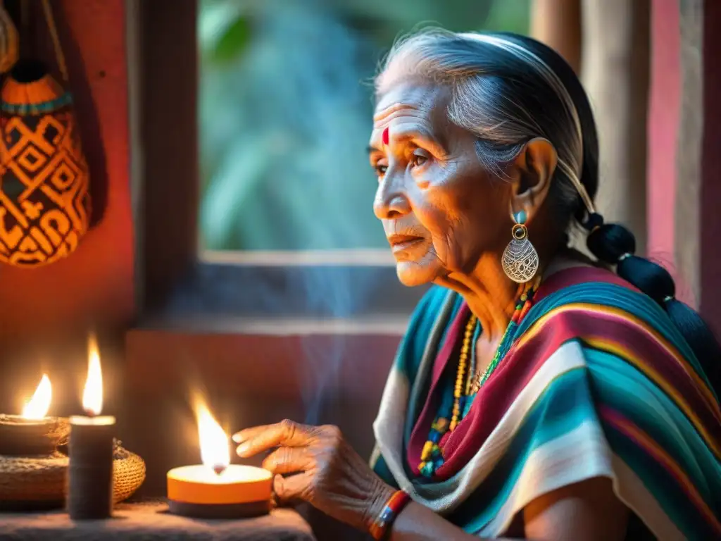 Una anciana maya teje textiles tradicionales, rodeada de historia y simbología en una habitación iluminada por velas