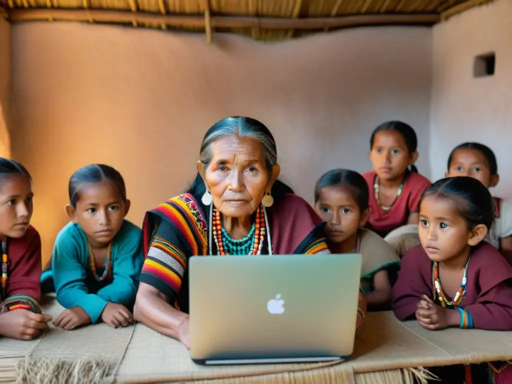 Una anciana maya en traje colorido tradicional, rodeada de niños curiosos, impacto tecnología comunidades mayas