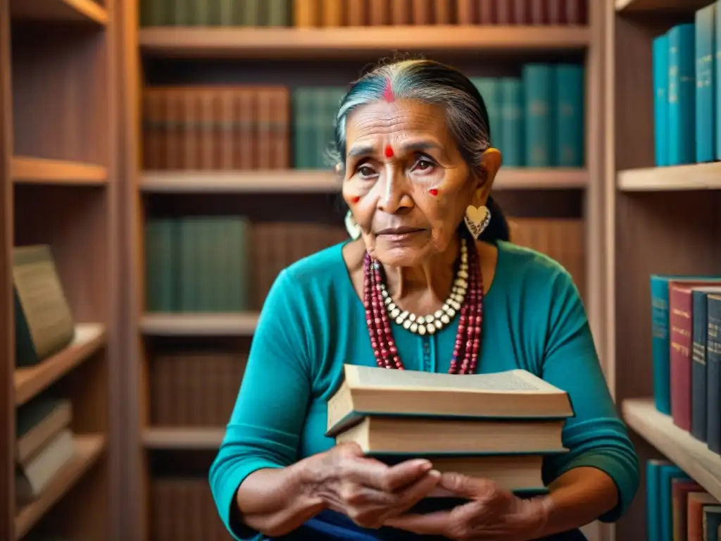 Resiliencia maya: anciana estudia diccionario en penumbra Una anciana maya en traje tradicional, rodeada de libros en maya