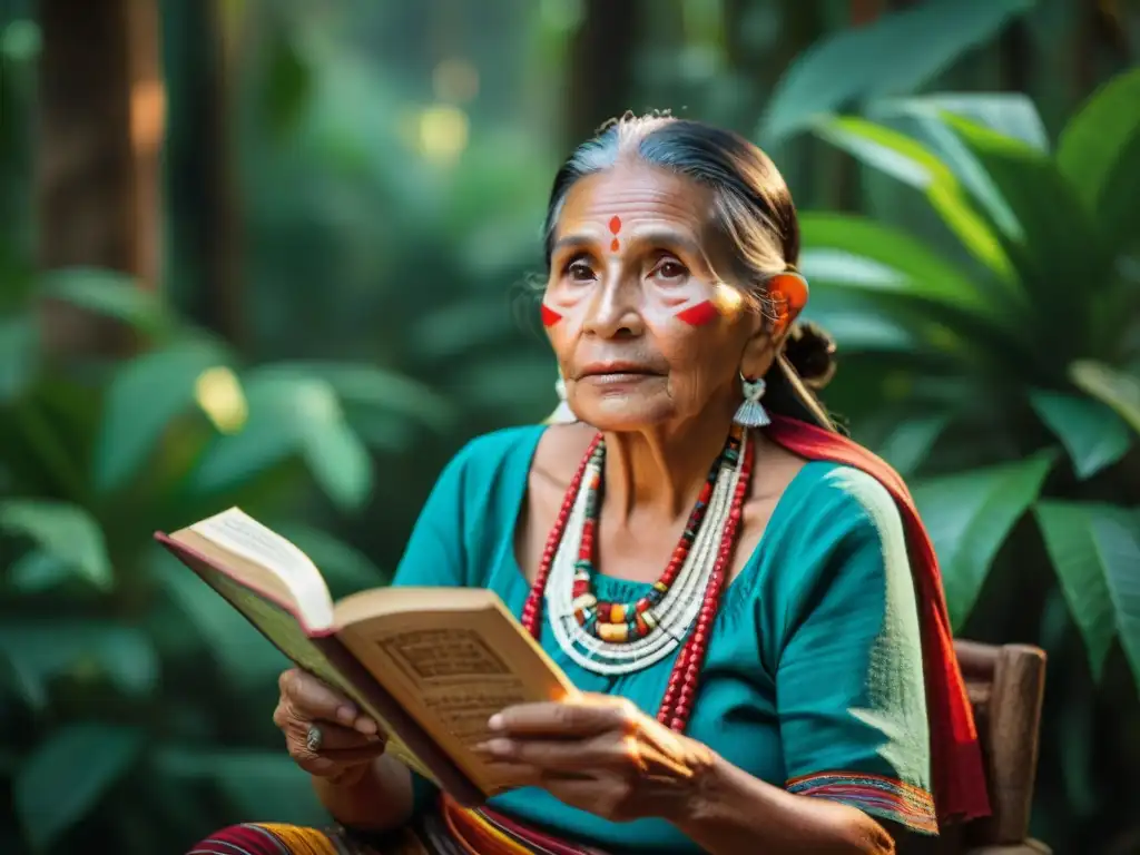 Anciana maya con vestimenta tradicional, leyendo libro antiguo en selva guatemalteca