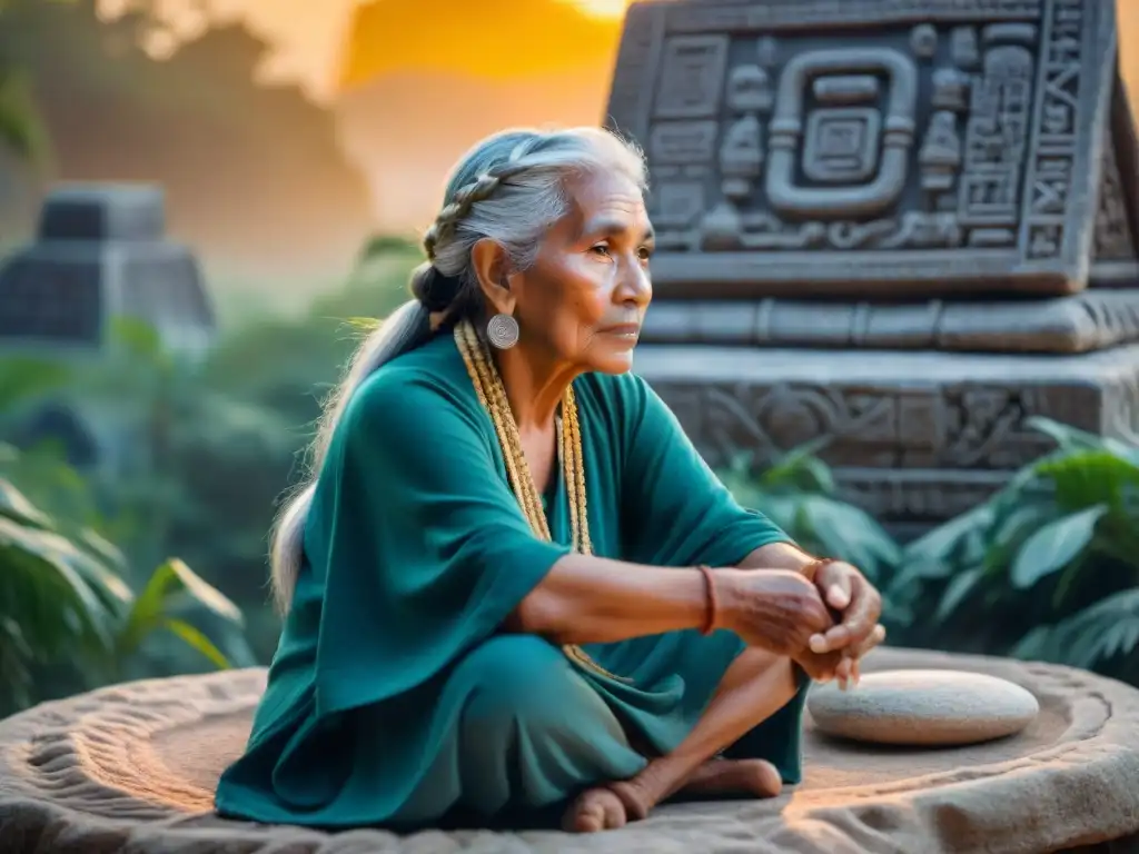 Una anciana mujer maya con cabello plateado largo y trenzado, viste textiles vibrantes tradicionales