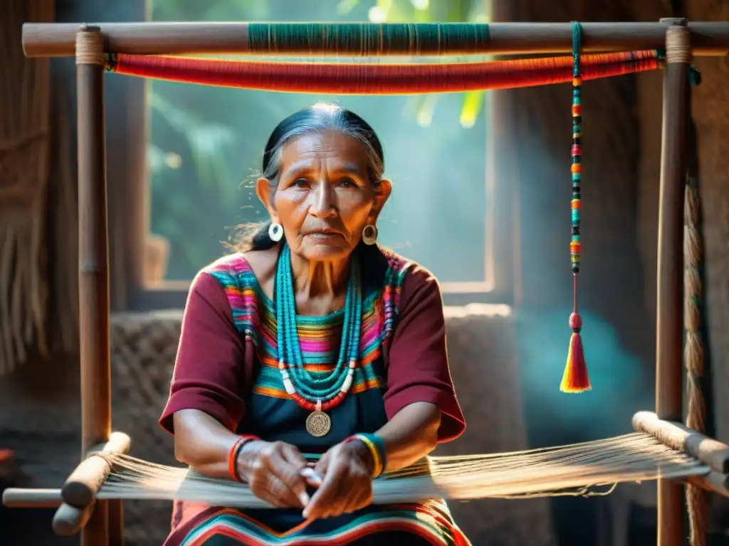 Una anciana mujer maya teje en un telar tradicional, destacando la revitalización lingüística maya con estrategias comunitarias