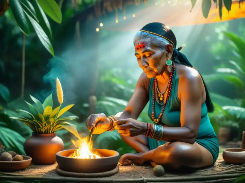 Una anciana sanadora Maya preparando una poción con hierbas curativas en la selva exuberante