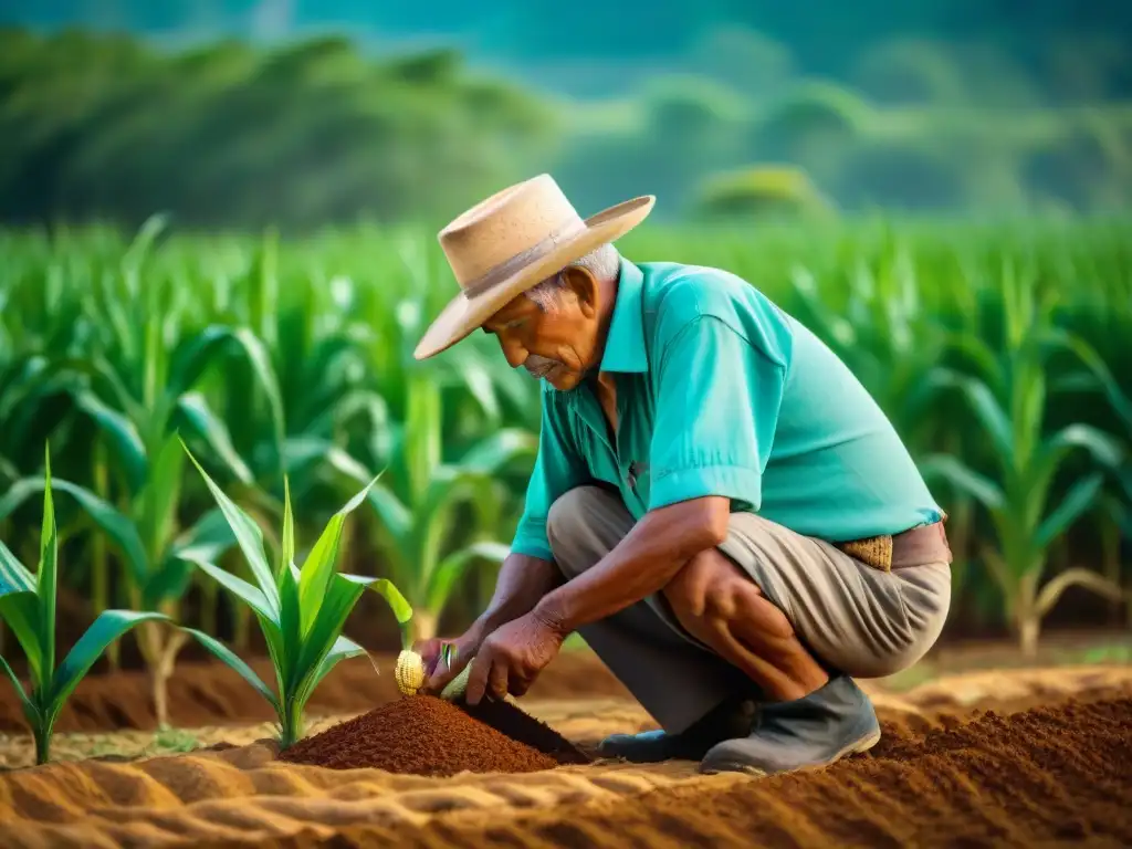 Un anciano agricultor maya plantando maíz en un campo soleado con herramientas ancestrales