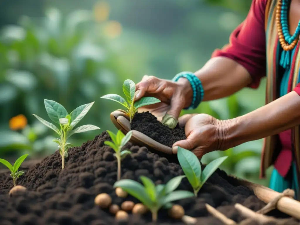 Un anciano agricultor maya plantando semillas de hierbas tradicionales en un jardín, conectando con la naturaleza y la cultura maya