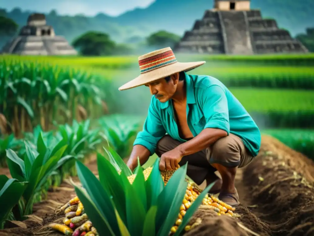 Un anciano agricultor maya plantando maíz bajo el sol, rodeado de campos verdes y ruinas antiguas