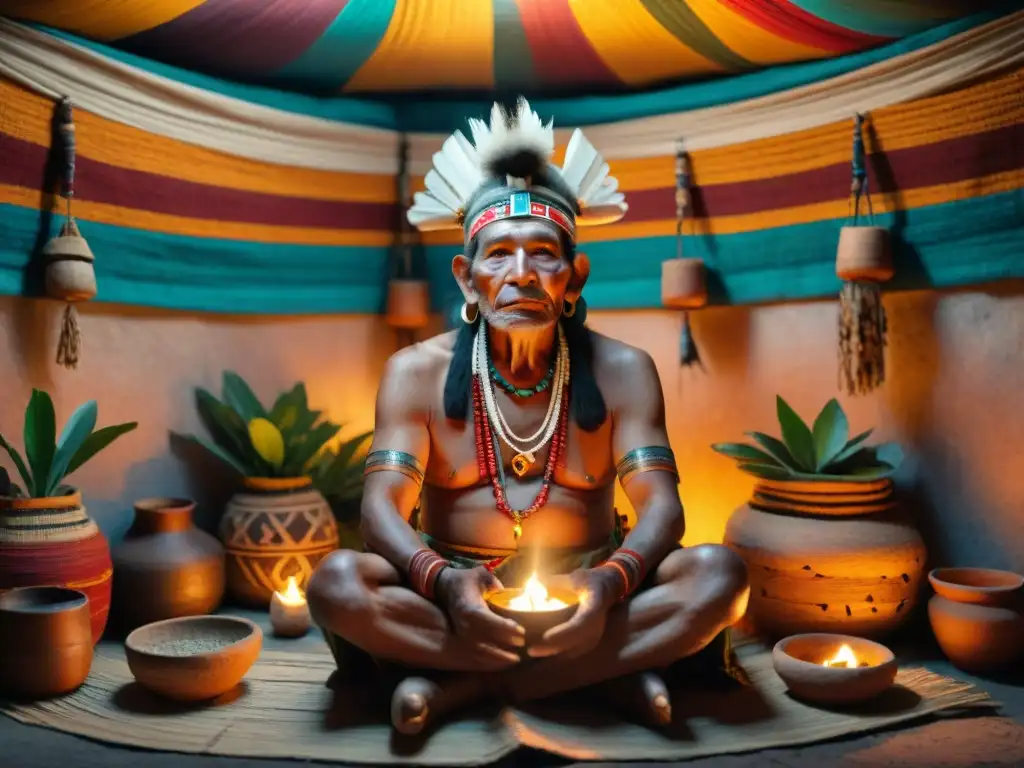 Un anciano chamán maya en su cabaña curativa tradicional, preparando una medicina tradicional maya curativa con plantas y velas