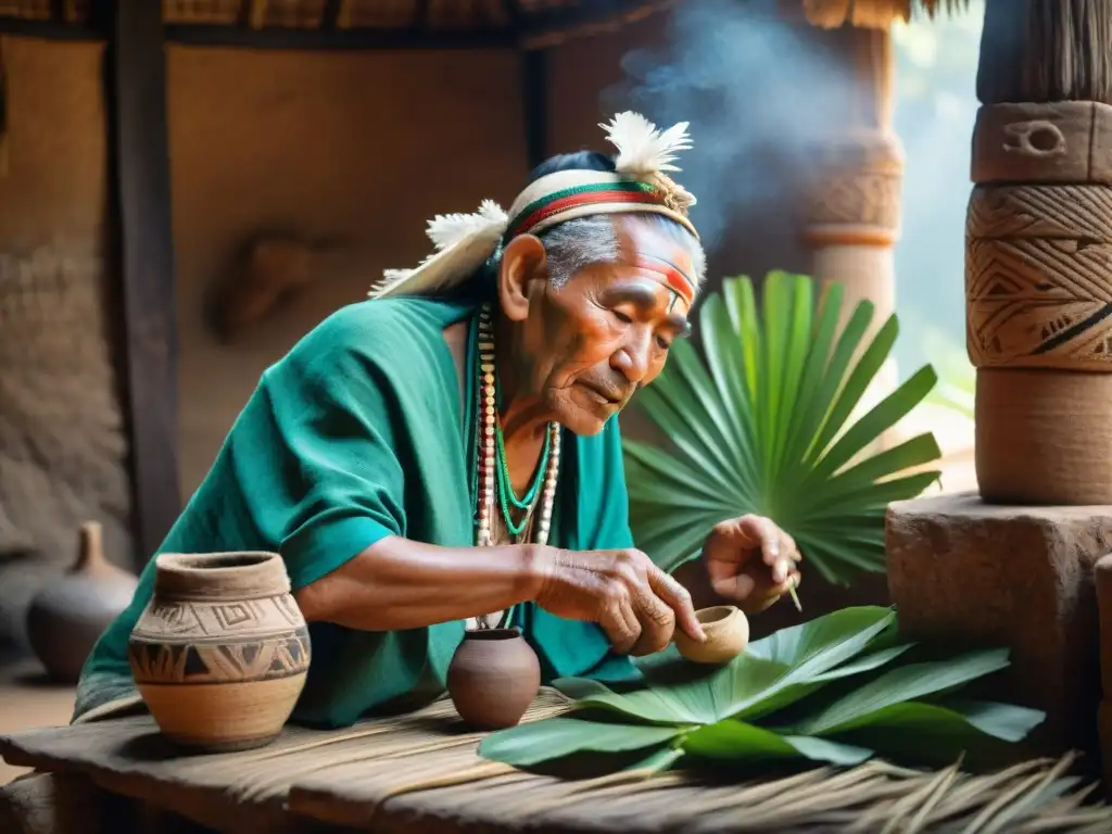 Un anciano chamán maya selecciona hojas verdes en su choza, rodeado de hierbas y símbolos mayas