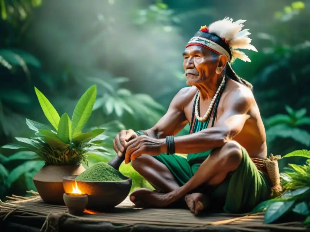 Chamán Maya preparando hierbas en la selva Anciano chamán Maya en la selva, preparando hierbas con mortero y mano, influencia de la herbolaría Maya en medicina natural