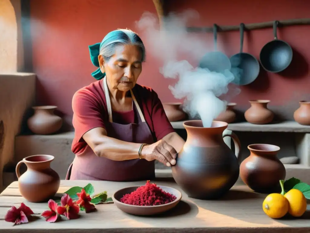 Maya preparando agua de flor de Jamaica en cocina tradicional Un anciano maya prepara agua de flor de Jamaica en una cocina rústica