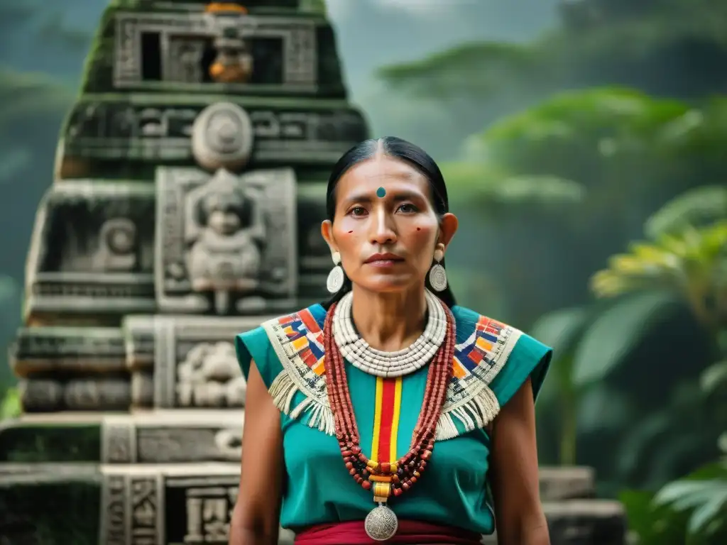 Un anciano maya con atuendo tradicional frente a un templo de piedra cubierto de vegetación