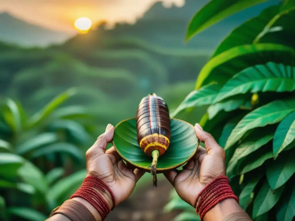 Un anciano Maya en un cacaotal al atardecer, con un cacao en mano