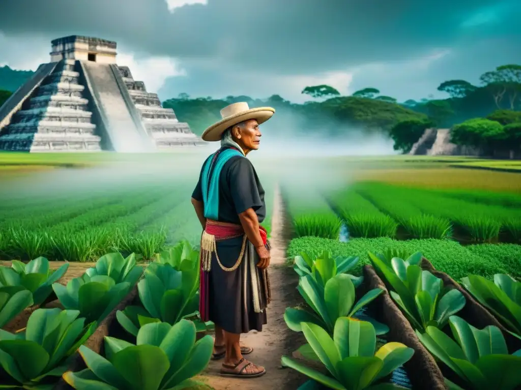 Un anciano maya en un campo verde, observando sabiamente el flujo de agua