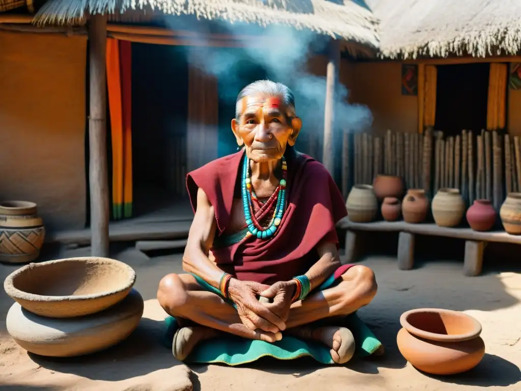 Un anciano maya en su choza, rodeado de elementos culturales mayas en educación, reflejando sabiduría y tradición