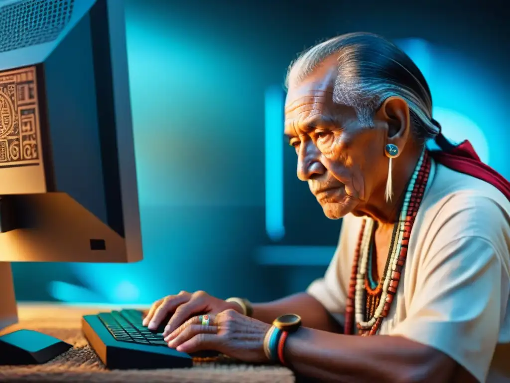 Anciano maya tecleando en computadora con jeroglíficos y código digital