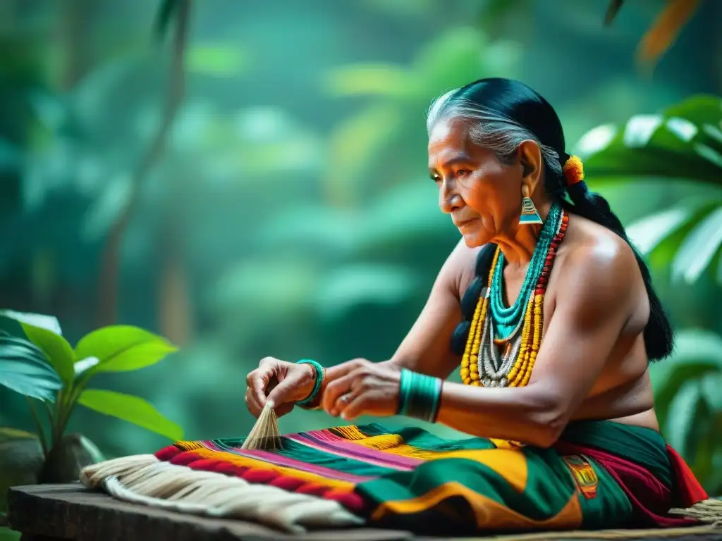 Anciano maya tejiendo con destreza un textil vibrante en medio de exuberante vegetación, resaltando la ética y valores de la cultura maya