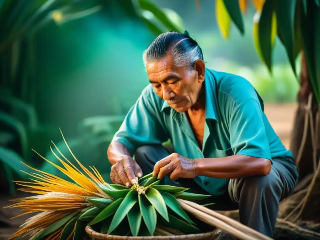 Un anciano maya extrayendo fibras de maguey, resaltando la conexión con la planta