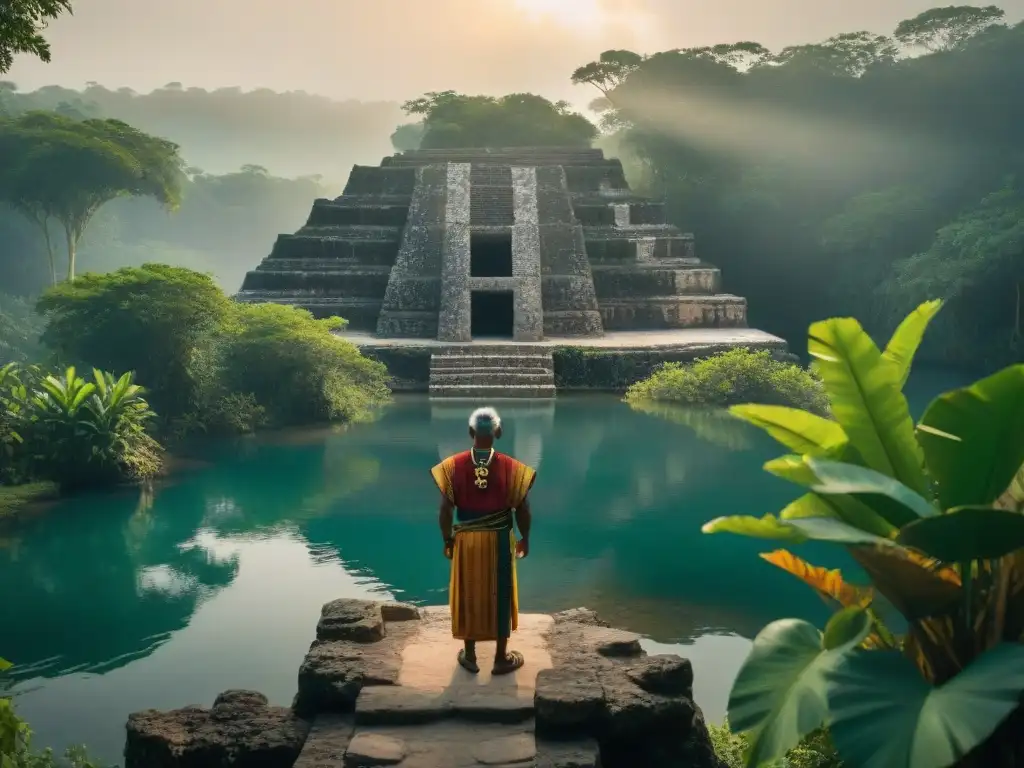 Un anciano maya frente a un cenote sagrado al atardecer, en un ritual de agradecimiento cultural