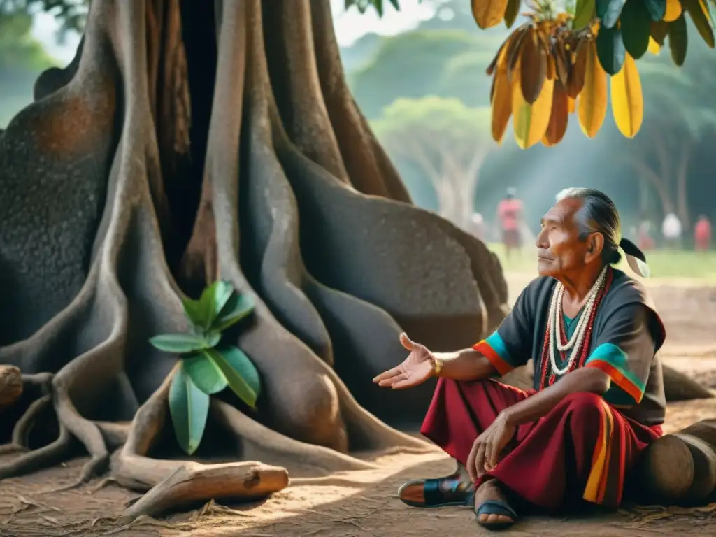 Un anciano Maya cuenta historias bajo un ceiba, rodeado de niños asombrados