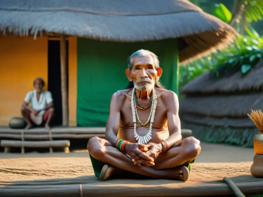 Anciano maya comparte tradición oral con niños en la jungla al atardecer