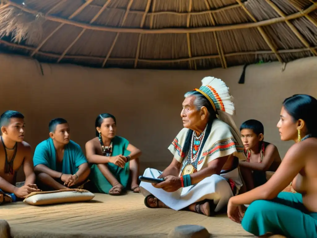 Una anciano maya en palapa con jóvenes y tecnología, simbolizando educación maya tradiciones siglo XXI