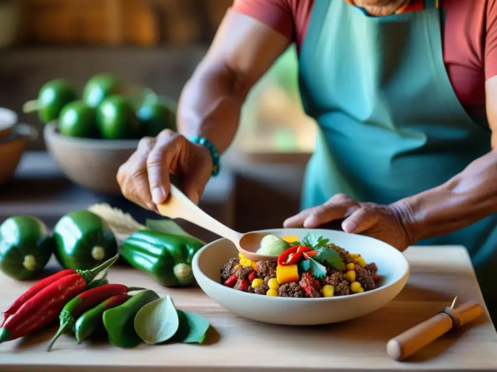 Cocina maya ancestral: sabiduría culinaria en acción Un anciano maya prepara un platillo tradicional con técnicas culinarias ancestrales