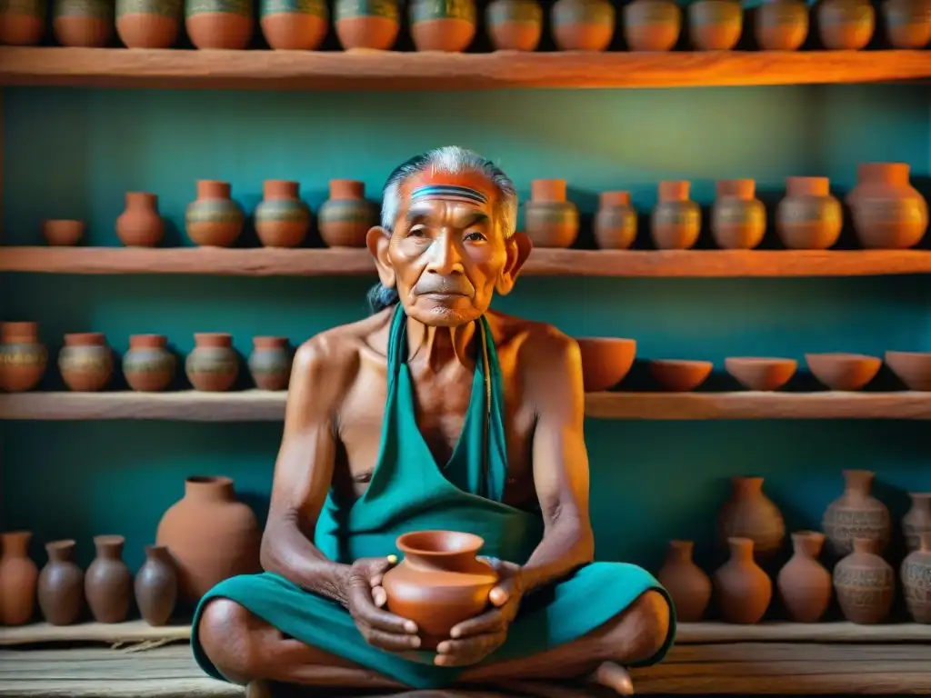 Un anciano maya elabora una poción curativa en un cuarto lleno de libros antiguos y hierbas medicinales, transmitiendo sabiduría ancestral