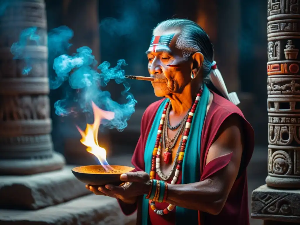 Un anciano maya realiza un ritual con incienso en un templo iluminado tenuemente por llamas, rodeado de jeroglíficos y artefactos ceremoniales