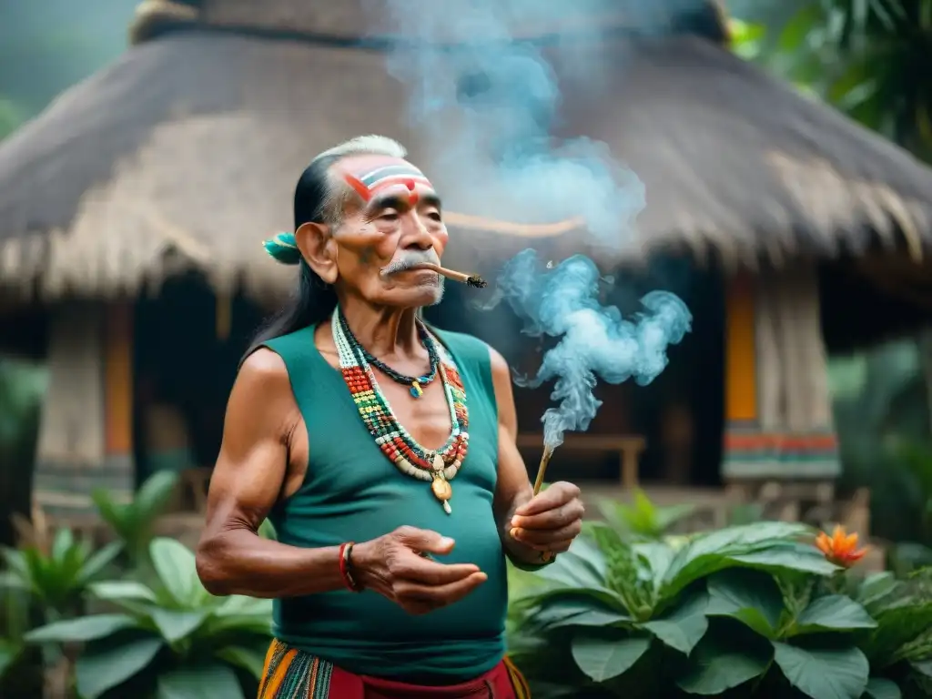 Anciano chamán maya realiza ritual de medicina tradicional entre plantas y hierbas en choza de techo de paja