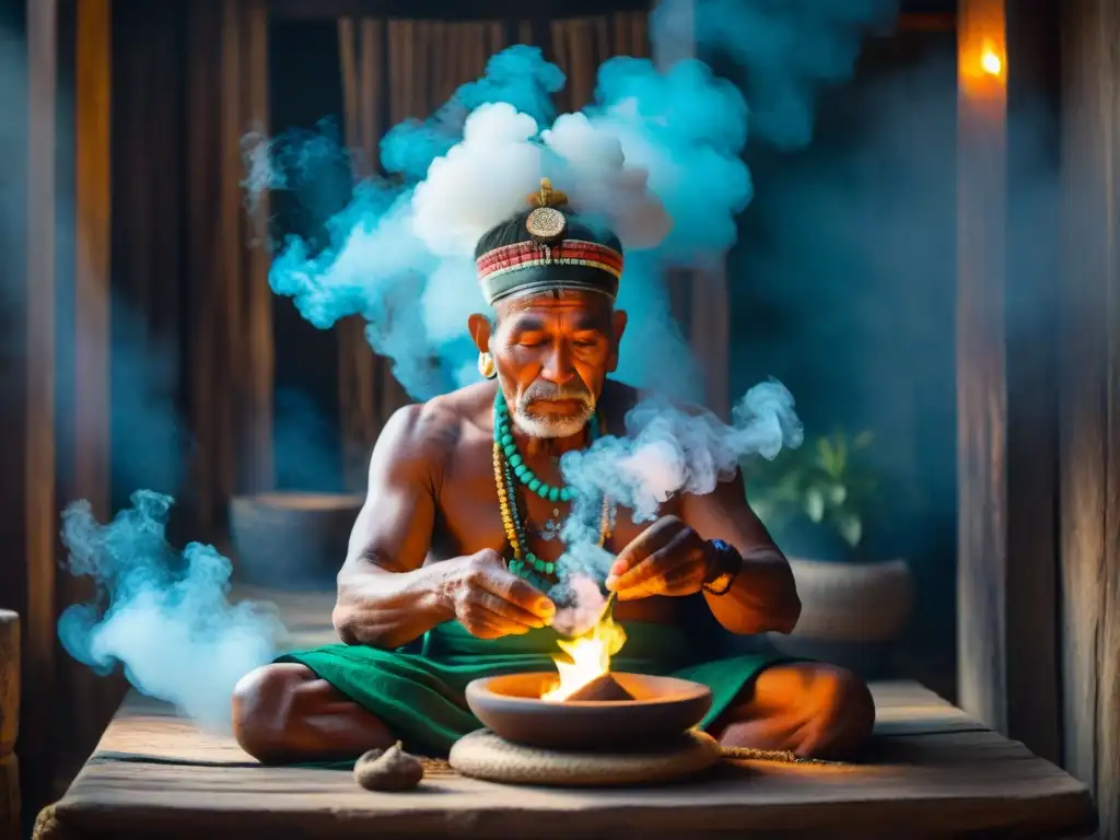 Un anciano chamán Maya realiza un ritual de sanación tradicional en una habitación iluminada por humo aromático, rodeado de hierbas medicinales