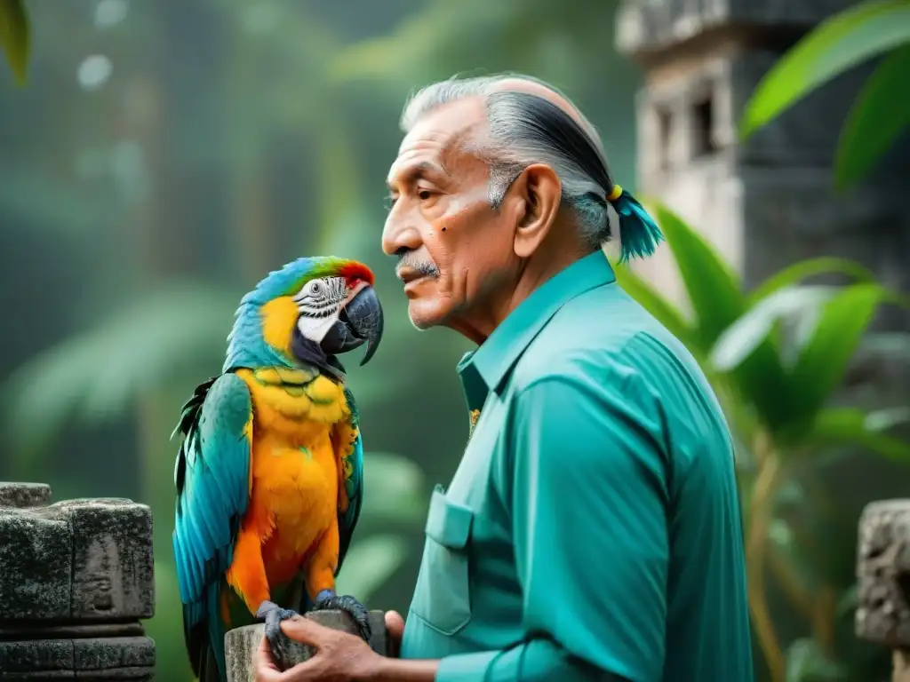 Un anciano maya alimenta macaws en ruinas antiguas, reflejando convivencia entre mayas y animales en la selva exuberante