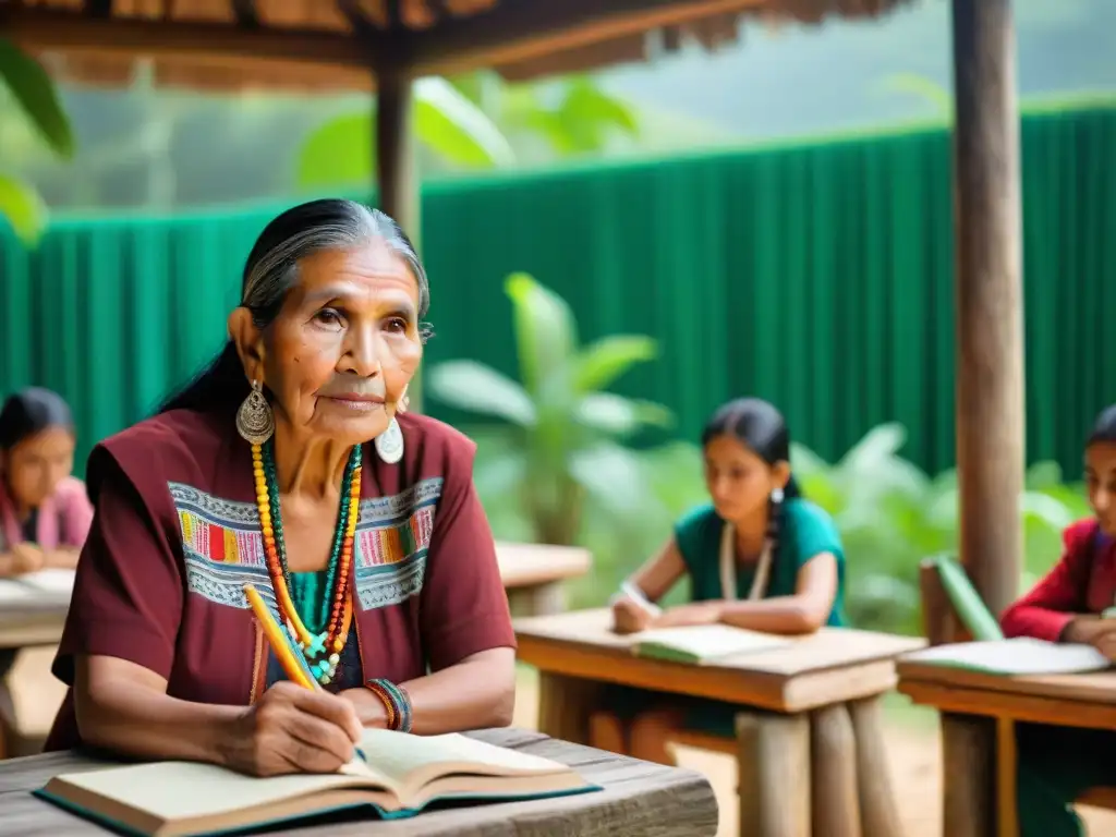 Un anciano maya comparte sabiduría ancestral con alumnos en aula al aire libre, resaltando educación maya tradiciones siglo XXI