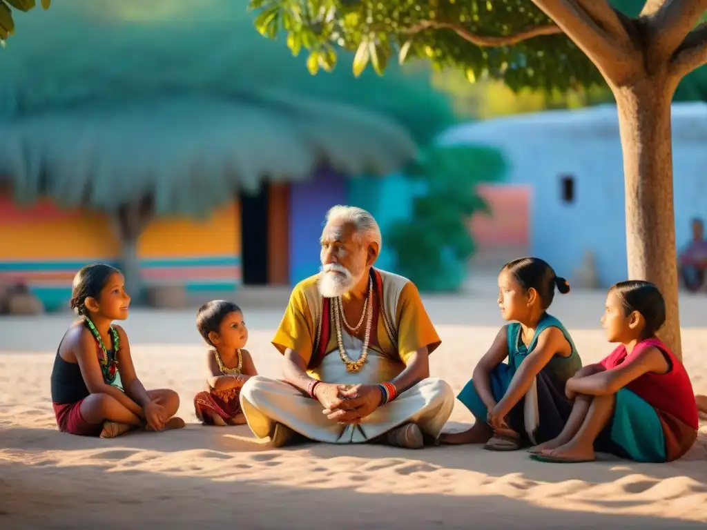 Anciano maya comparte sabiduría con niños en plaza del pueblo