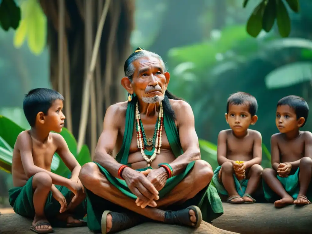 Anciano maya comparte sabiduría con niños bajo ceiba en la selva