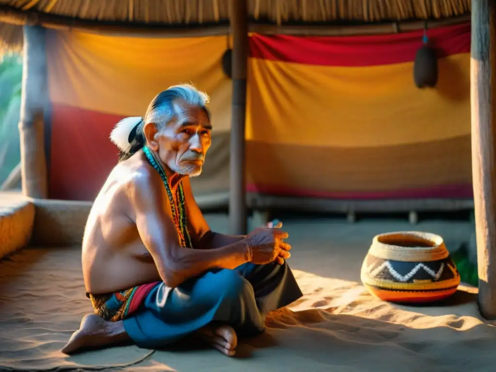 Anciano maya comparte sabiduría y tradiciones con niños en choza de paja