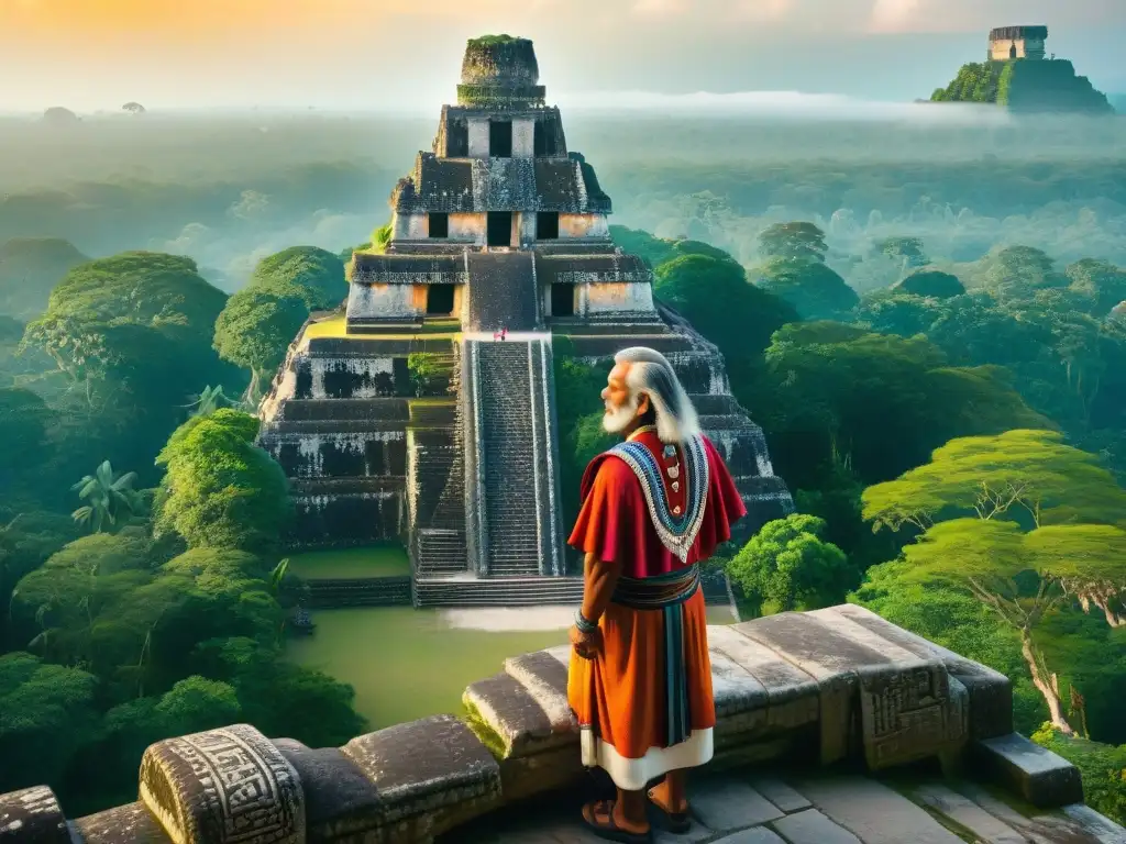 Un anciano maya en Tikal comparte sabiduría con visitantes, rodeado de jeroglíficos