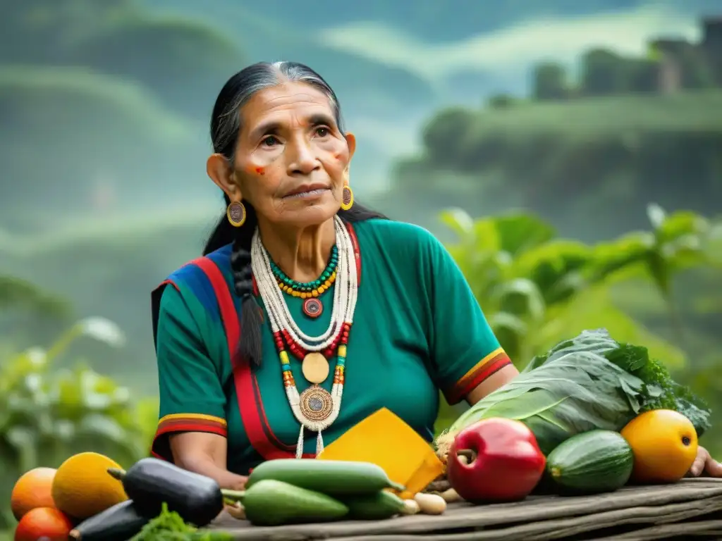 Un anciano maya sabio enseña la importancia de la Dieta ancestral maya saludable a jóvenes atentos, rodeados de frutas y verduras vibrantes