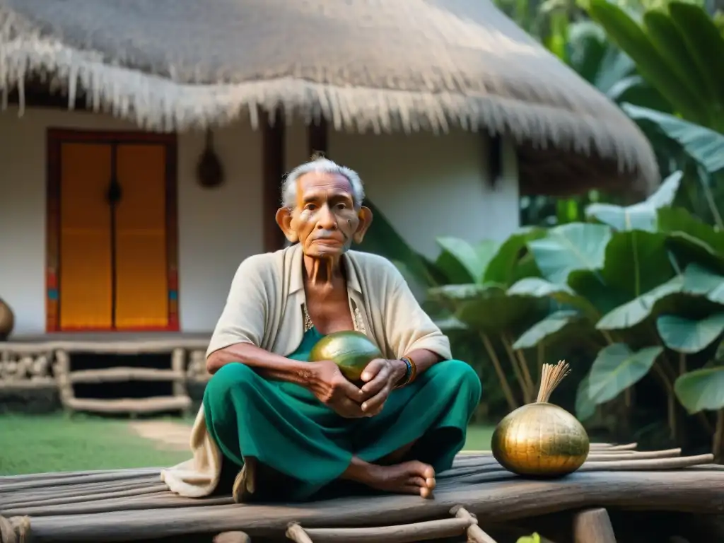 Anciano maya sabio en la jungla con vestimenta tradicional y gourda ceremonial, irradiando sabiduría