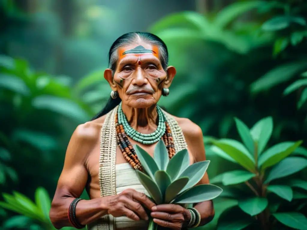 Anciano maya en la selva con hierbas sagradas; rostro pintado con sabiduría ancestral