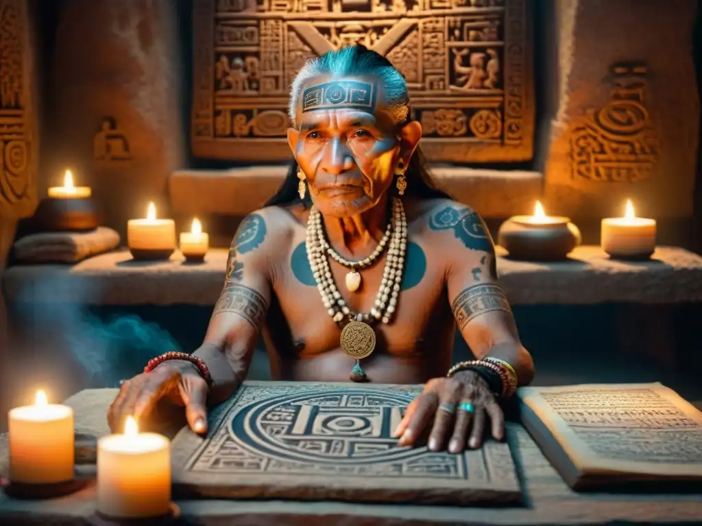 Un anciano maya con tatuajes faciales y vestimenta tradicional, rodeado de manuscritos antiguos y artefactos, iluminado por una vela